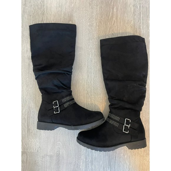 Wanted Shoes - WANTED Womens Suede High Knee Boots side double buckle accents in Black size 8